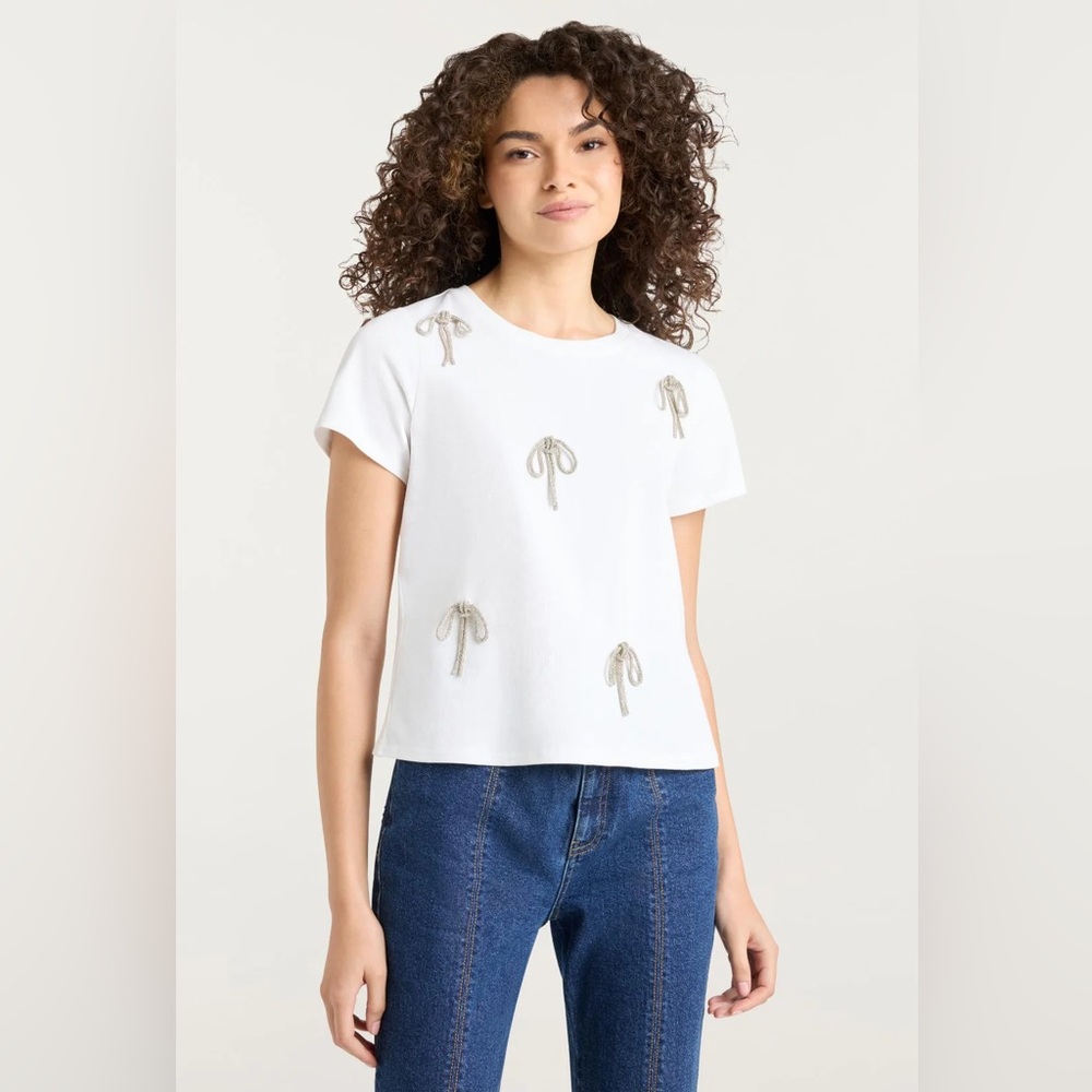 Cinq a Sept Corded Rhinestone Bow Shrunken Tee